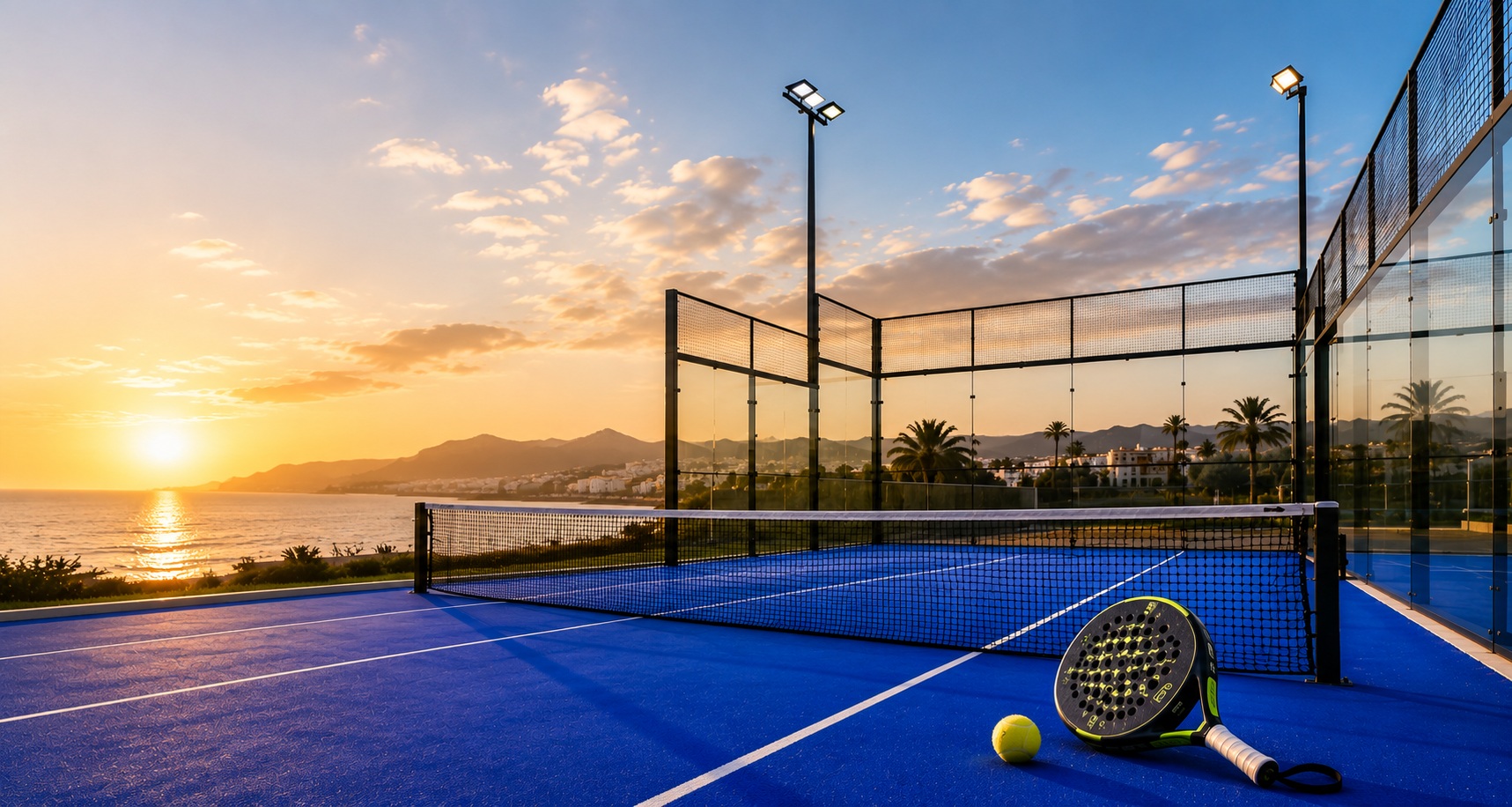 I Love to Padel homepage featuring a modern outdoor padel court at sunset